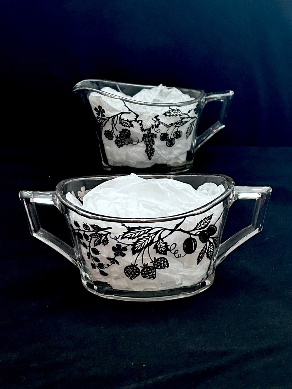 Vtg Silver City Glass Creamer Sugar Set Sterling Silver Berries Overlay
